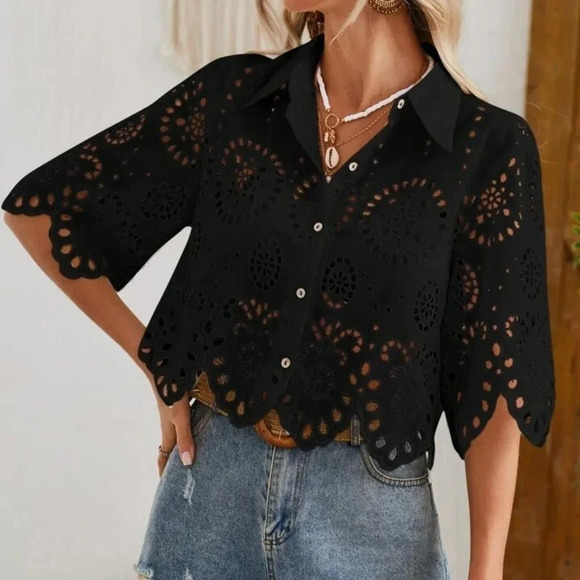 Women Summer Random Burnt-Out Flower Embroidery Short Sleeve Loose Casual Shirt - Picture 2 of 4